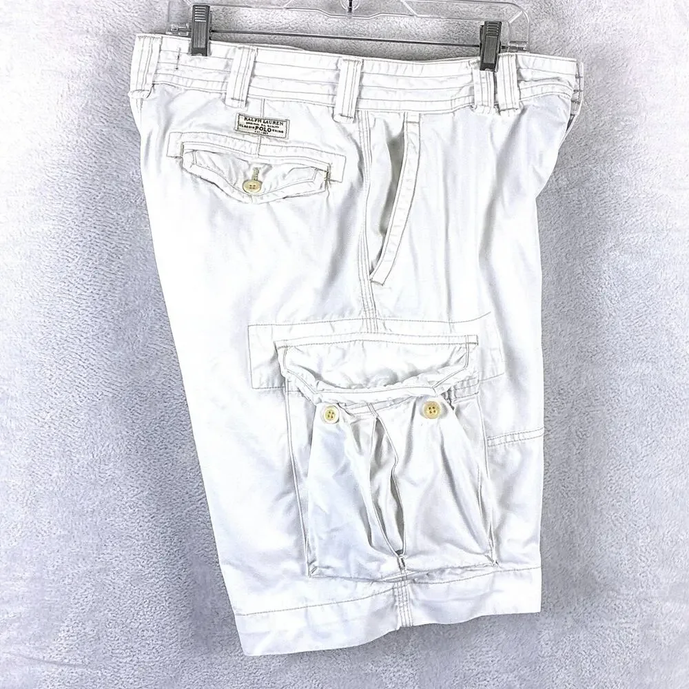VTG Polo Ralph Lauren Cargo Shorts Mens 34 White Y2K Preppy Baggy Skate Military